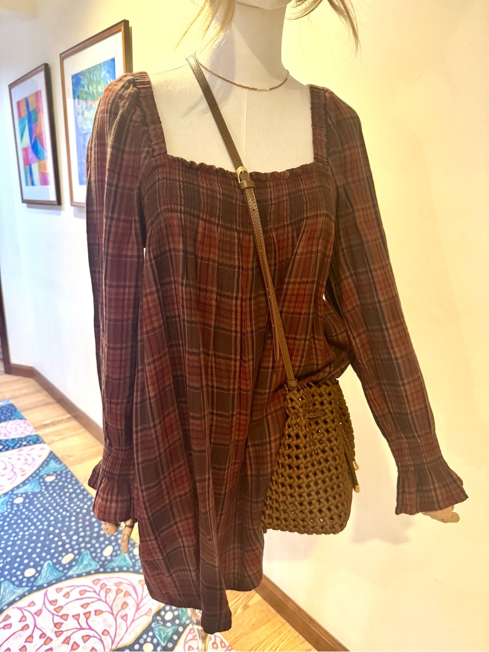 Women’s soft flannel Plaid Long Sleeve Square Neck dress- Brown ( with pockets!)